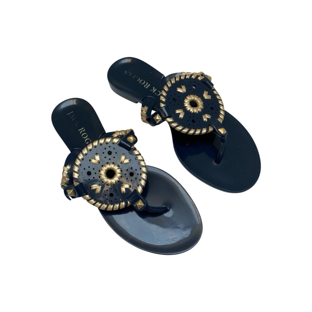 Jack Rogers Georgica Jelly Sandals Womens 5 Navy Blue Gold Whipstitch Thong Flat
